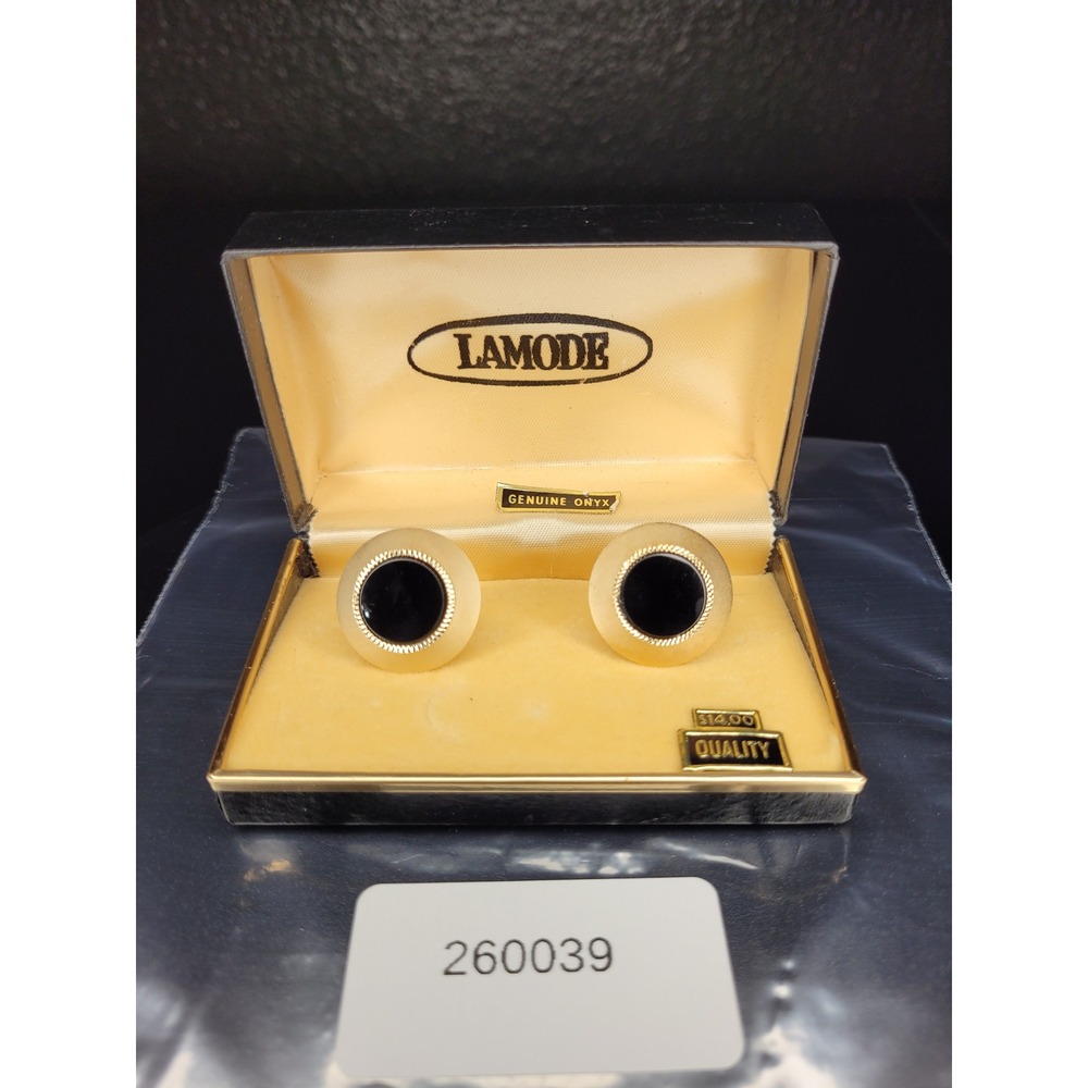 LaMode Cufflinks Gold Tone Genuine Onyx Round Textured Border New In Box